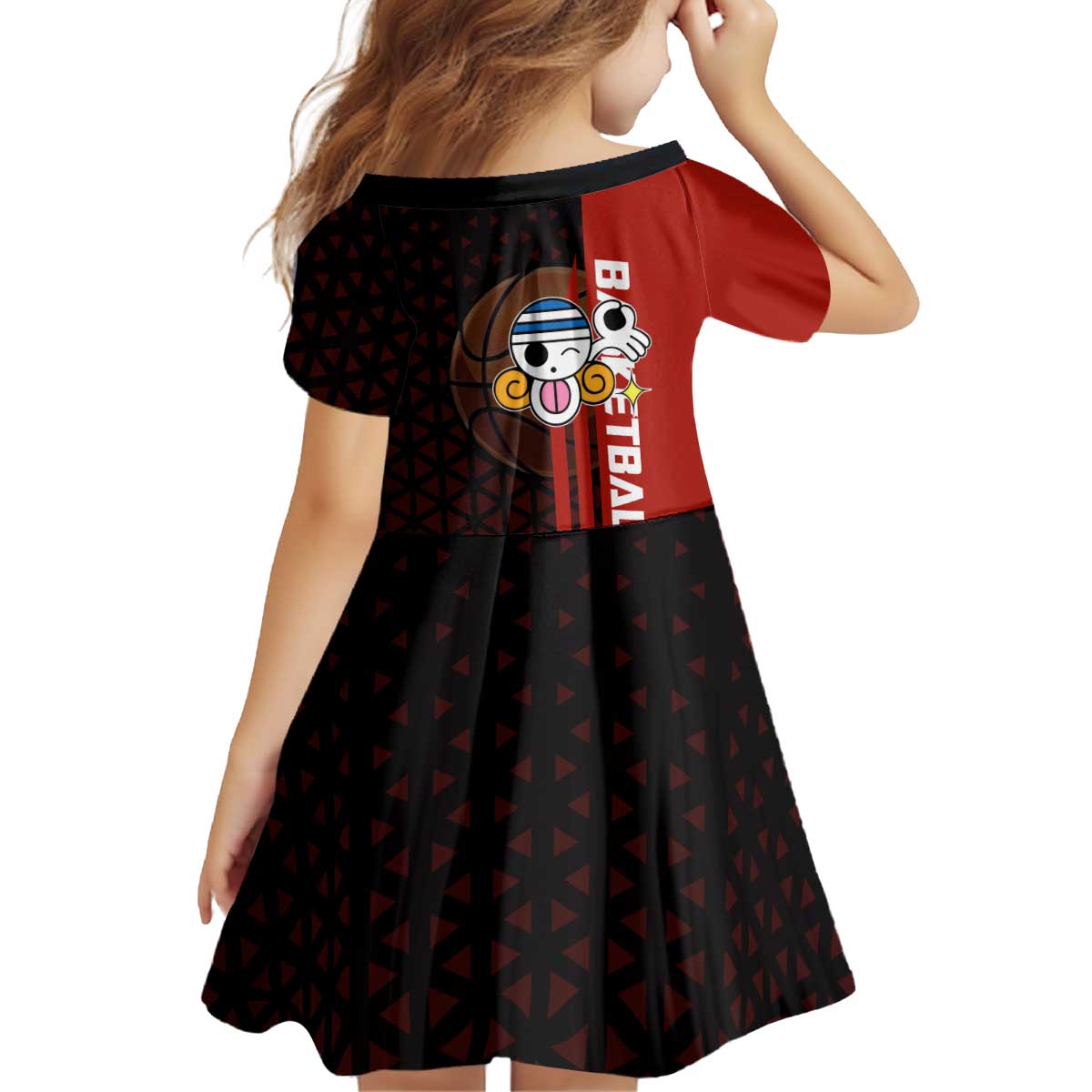 Nami One Piece Basketball Theme Red and Black Design Kid Short Sleeve Dress with Action Pose and Straw Hat Logo - The Mazicc