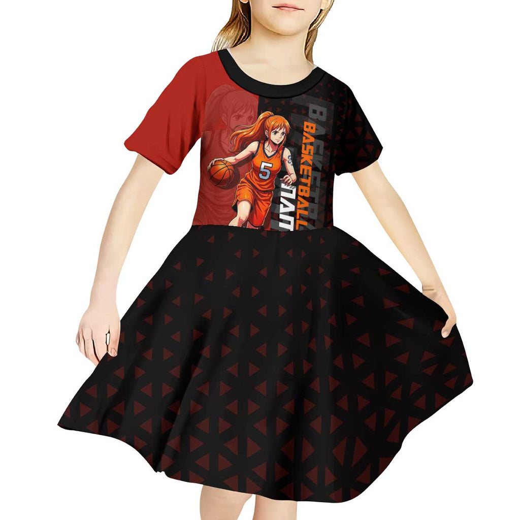 Nami One Piece Basketball Theme Red and Black Design Kid Short Sleeve Dress with Action Pose and Straw Hat Logo - The Mazicc