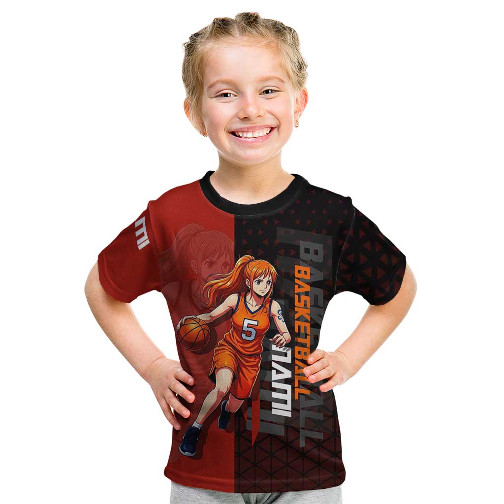 Nami One Piece Basketball Theme Red and Black Design Kid T Shirt with Action Pose and Straw Hat Logo - The Mazicc