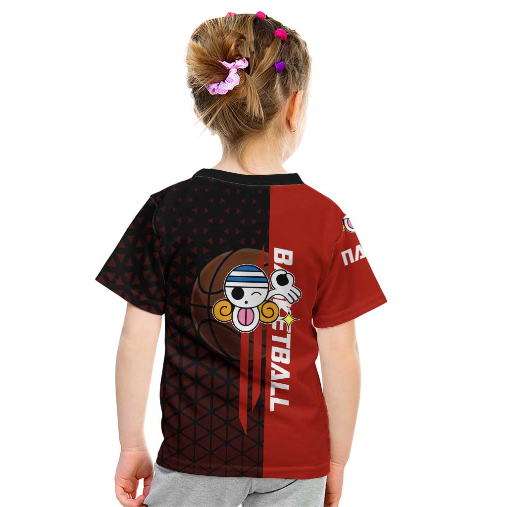 Nami One Piece Basketball Theme Red and Black Design Kid T Shirt with Action Pose and Straw Hat Logo - The Mazicc
