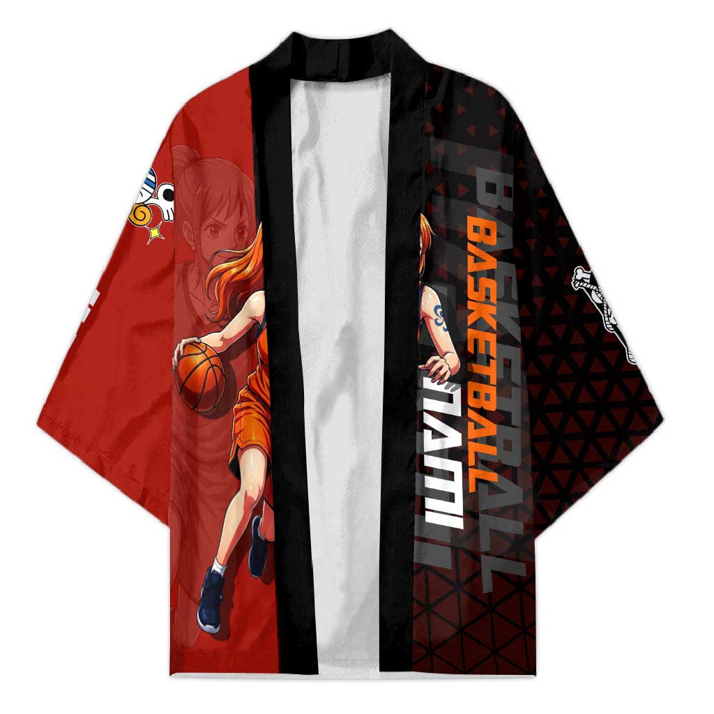 Nami One Piece Basketball Theme Red and Black Design Kimono with Action Pose and Straw Hat Logo - The Mazicc