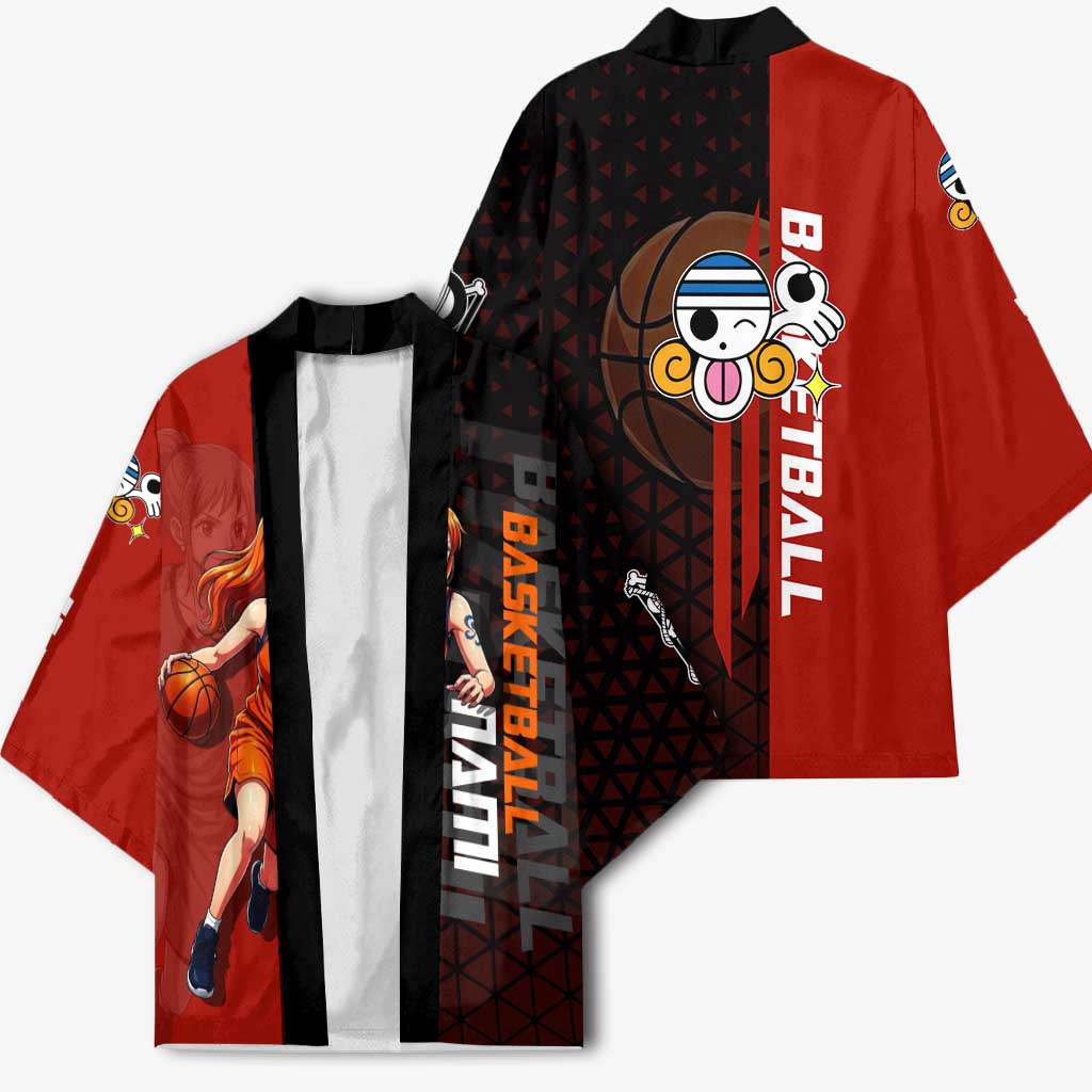 Nami One Piece Basketball Theme Red and Black Design Kimono with Action Pose and Straw Hat Logo - The Mazicc