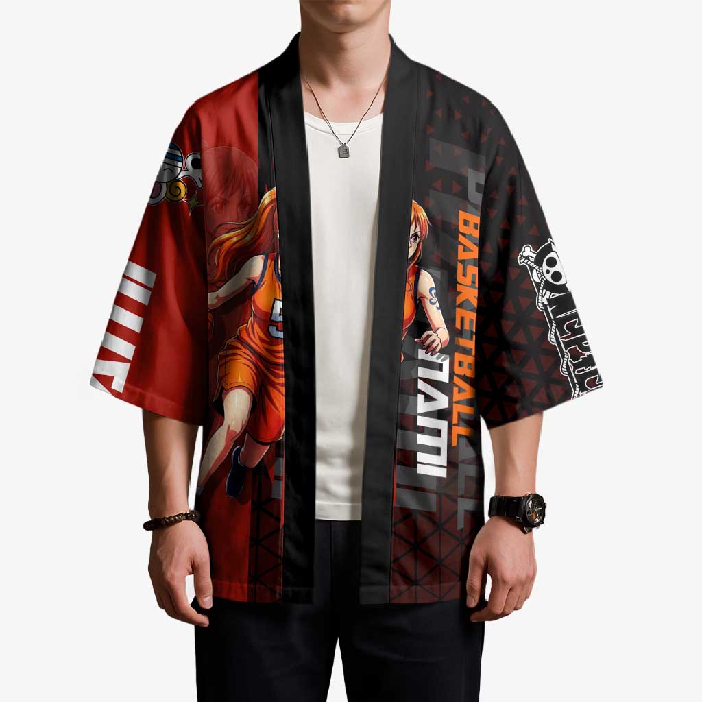Nami One Piece Basketball Theme Red and Black Design Kimono with Action Pose and Straw Hat Logo - The Mazicc