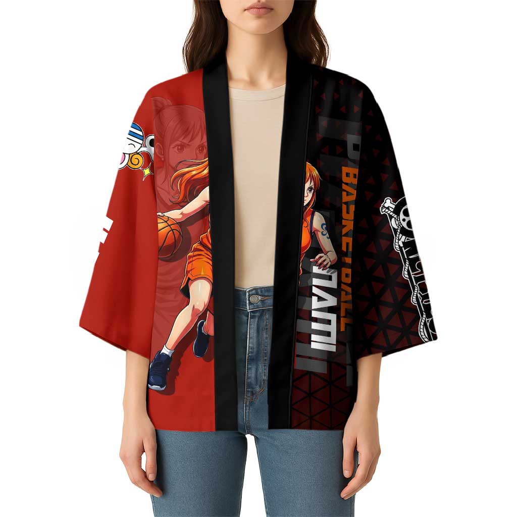 Nami One Piece Basketball Theme Red and Black Design Kimono with Action Pose and Straw Hat Logo - The Mazicc