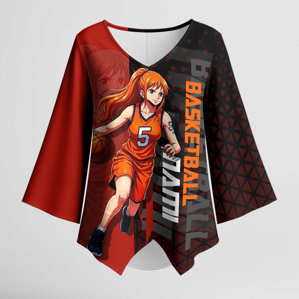 Nami One Piece Basketball Theme Red and Black Design Kimono Sleeve Blouse with Action Pose and Straw Hat Logo - The Mazicc