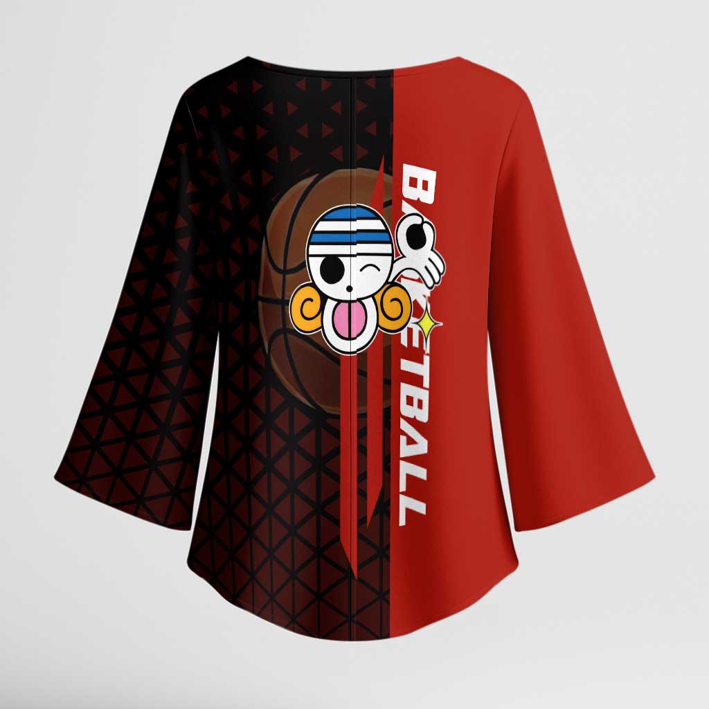 Nami One Piece Basketball Theme Red and Black Design Kimono Sleeve Blouse with Action Pose and Straw Hat Logo - The Mazicc