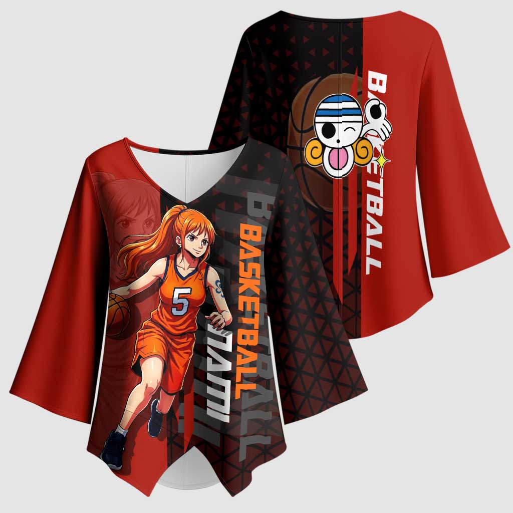 Nami One Piece Basketball Theme Red and Black Design Kimono Sleeve Blouse with Action Pose and Straw Hat Logo - The Mazicc