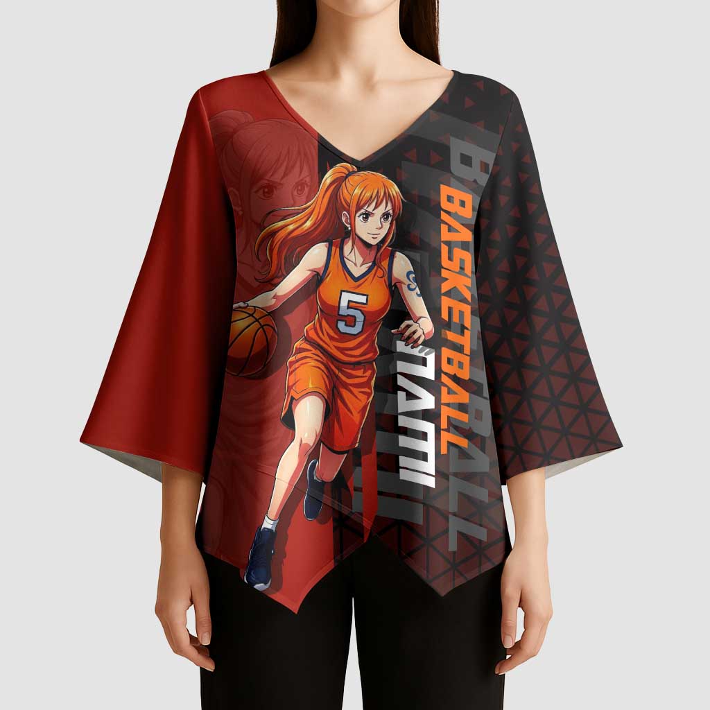 Nami One Piece Basketball Theme Red and Black Design Kimono Sleeve Blouse with Action Pose and Straw Hat Logo - The Mazicc