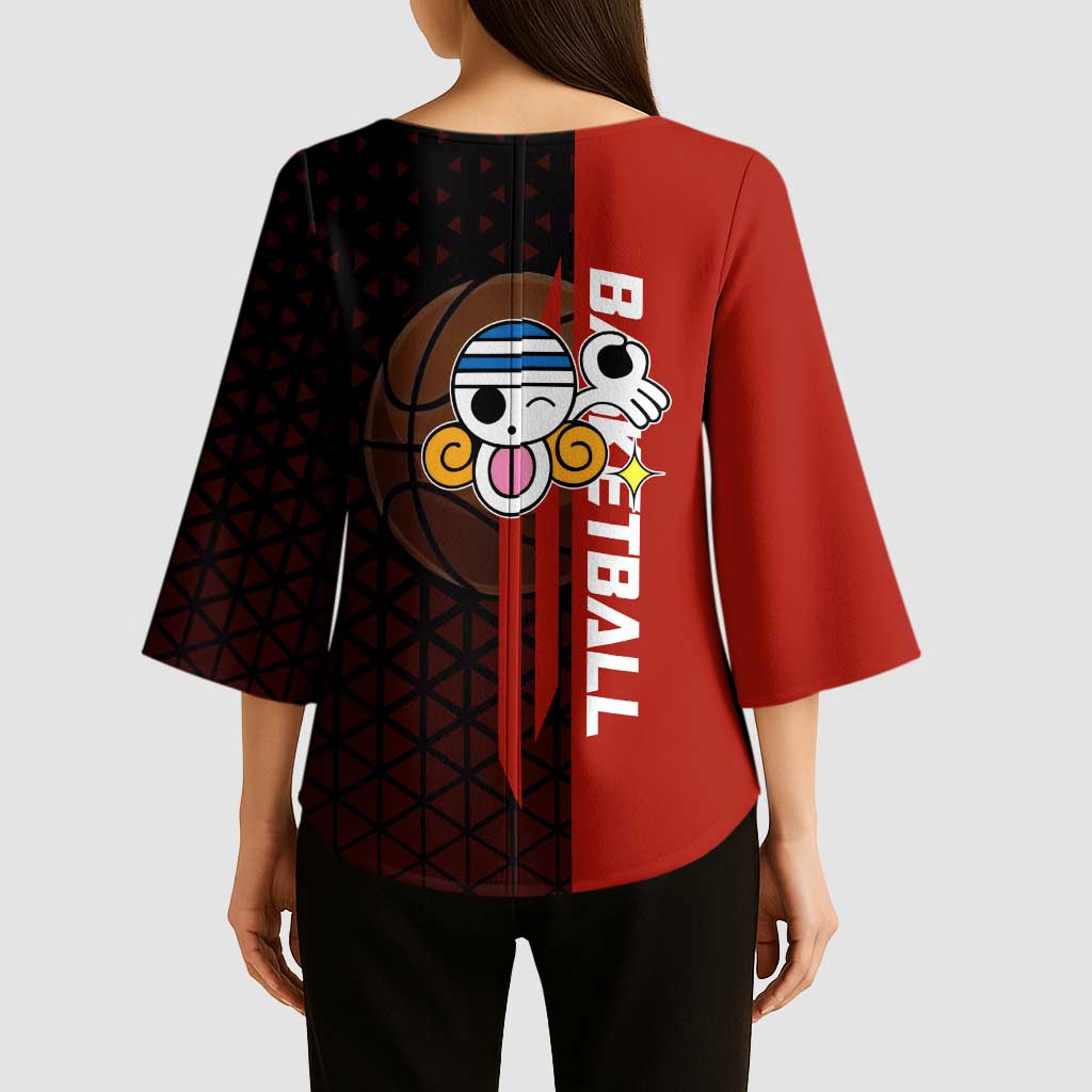 Nami One Piece Basketball Theme Red and Black Design Kimono Sleeve Blouse with Action Pose and Straw Hat Logo - The Mazicc