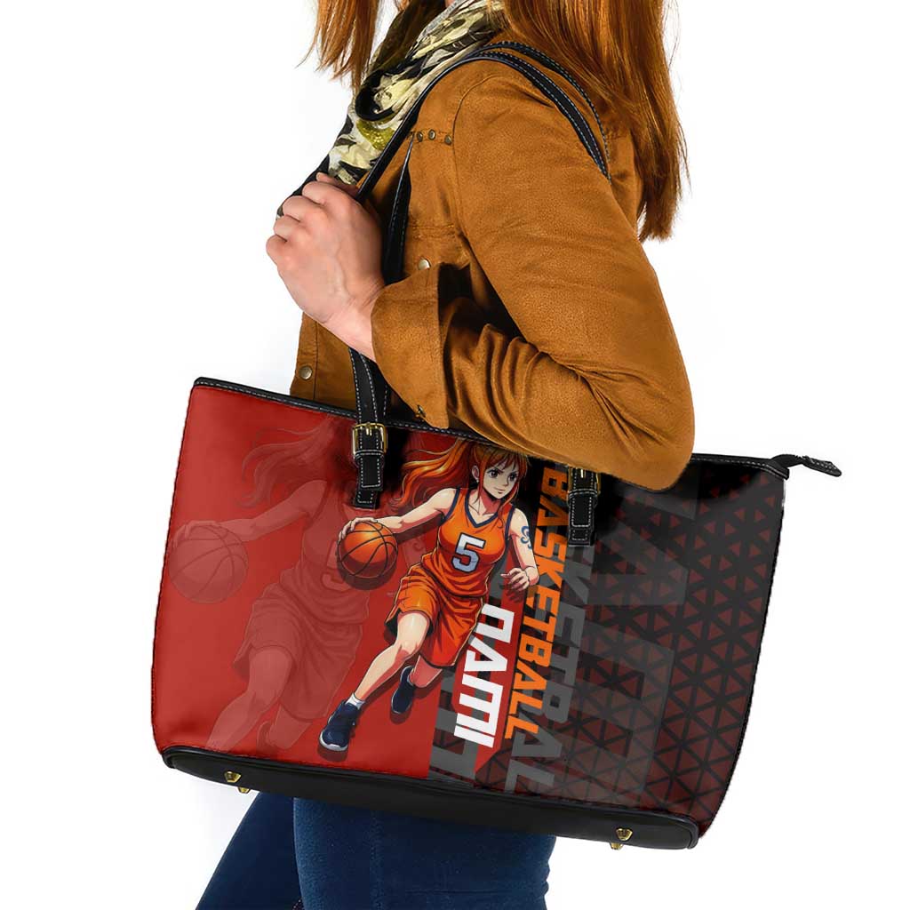 Nami One Piece Basketball Theme Red and Black Design Leather Tote Bag with Action Pose and Straw Hat Logo - The Mazicc