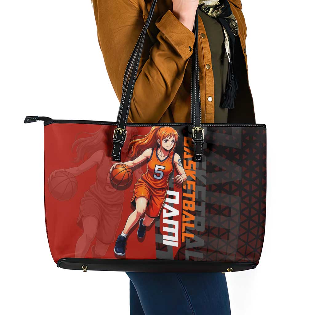 Nami One Piece Basketball Theme Red and Black Design Leather Tote Bag with Action Pose and Straw Hat Logo - The Mazicc
