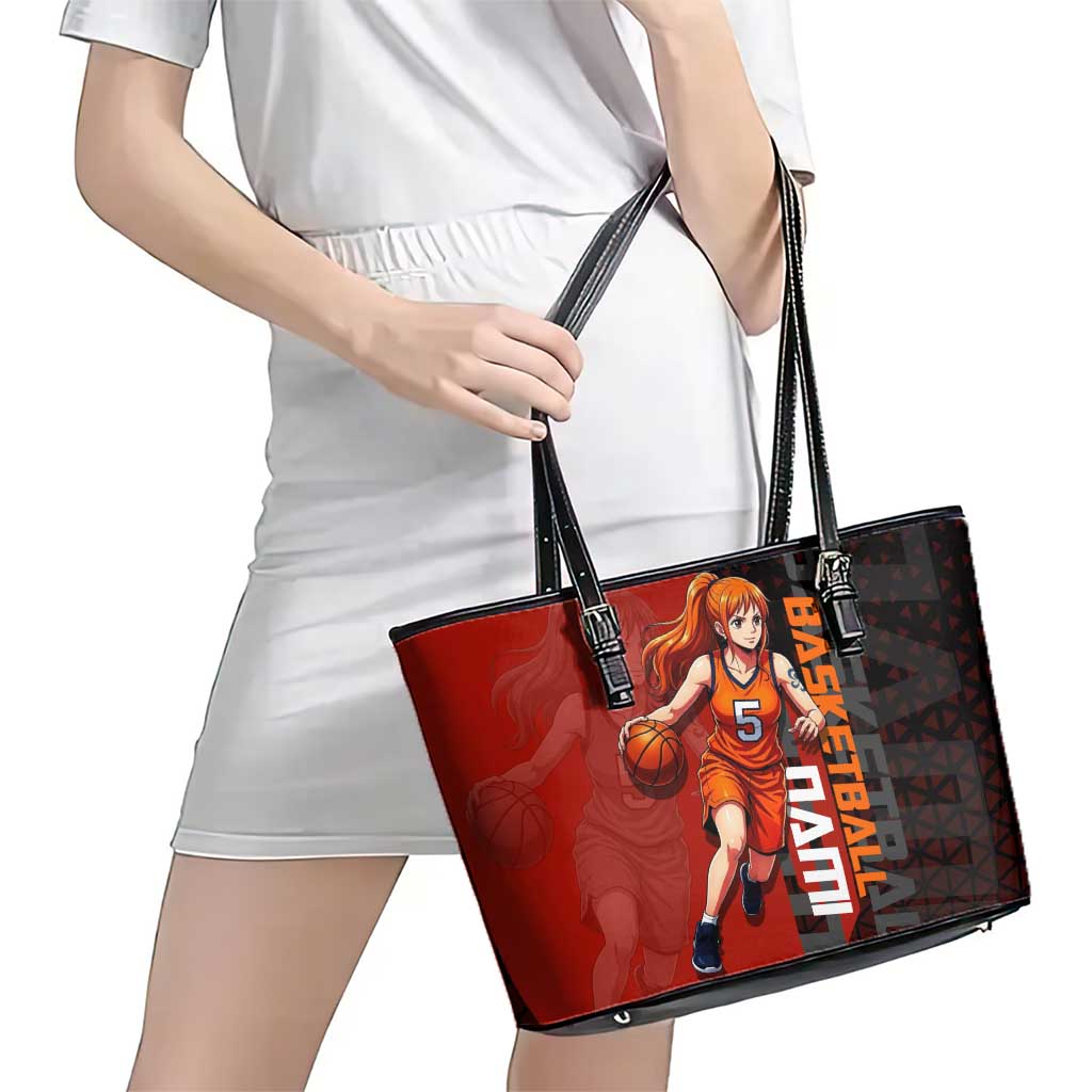 Nami One Piece Basketball Theme Red and Black Design Leather Tote Bag with Action Pose and Straw Hat Logo - The Mazicc