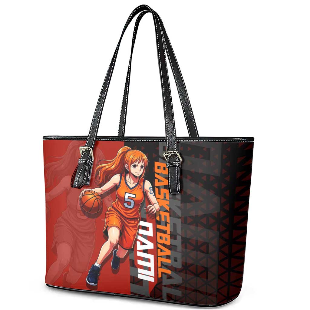 Nami One Piece Basketball Theme Red and Black Design Leather Tote Bag with Action Pose and Straw Hat Logo - The Mazicc