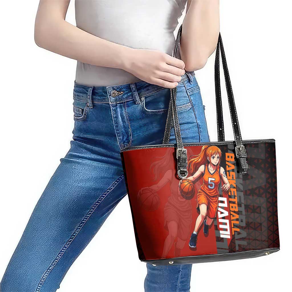 Nami One Piece Basketball Theme Red and Black Design Leather Tote Bag with Action Pose and Straw Hat Logo - The Mazicc