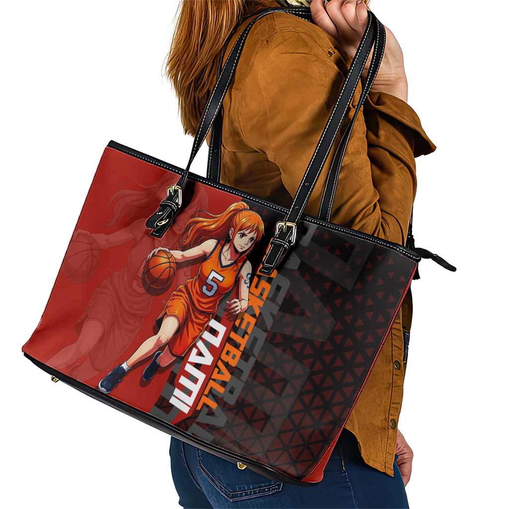 Nami One Piece Basketball Theme Red and Black Design Leather Tote Bag with Action Pose and Straw Hat Logo - The Mazicc