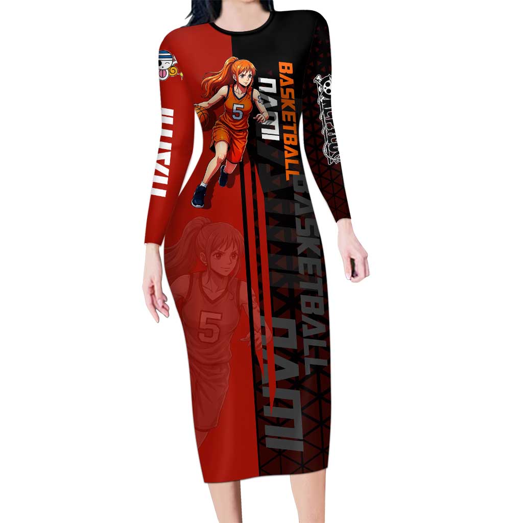 Nami One Piece Basketball Theme Red and Black Design Long Sleeve Bodycon Dress with Action Pose and Straw Hat Logo - The Mazicc