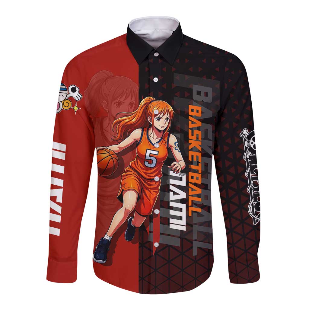 Nami One Piece Basketball Theme Red and Black Design Long Sleeve Button Shirt with Action Pose and Straw Hat Logo - The Mazicc
