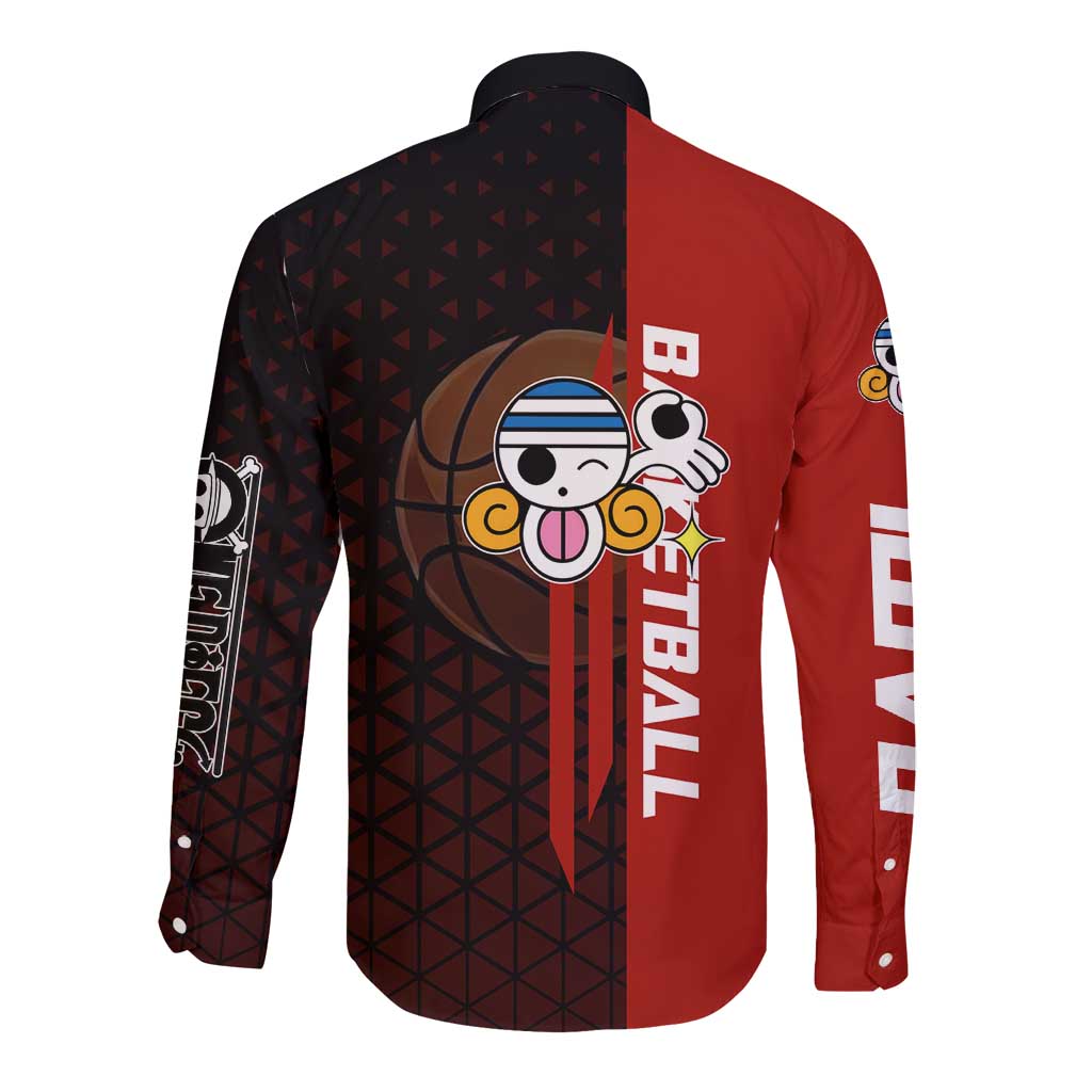 Nami One Piece Basketball Theme Red and Black Design Long Sleeve Button Shirt with Action Pose and Straw Hat Logo - The Mazicc