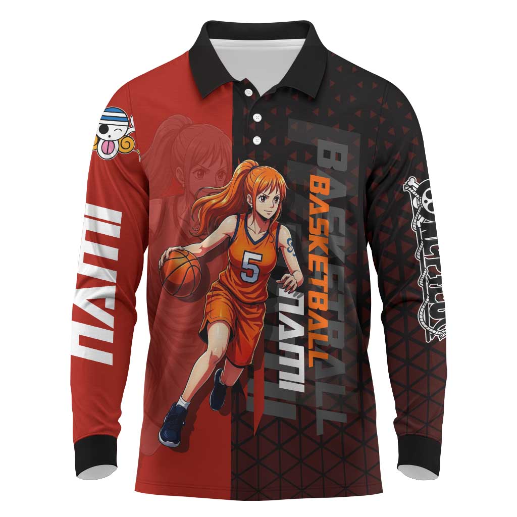 Nami One Piece Basketball Theme Red and Black Design Long Sleeve Polo Shirt with Action Pose and Straw Hat Logo - The Mazicc