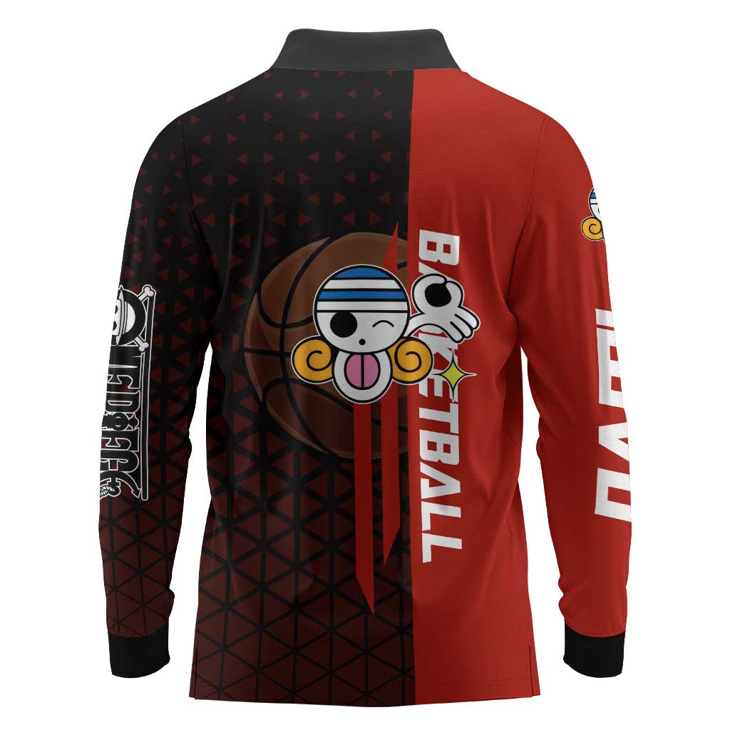Nami One Piece Basketball Theme Red and Black Design Long Sleeve Polo Shirt with Action Pose and Straw Hat Logo - The Mazicc