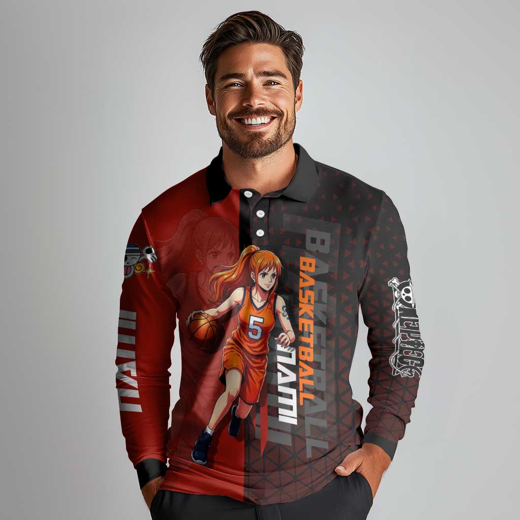 Nami One Piece Basketball Theme Red and Black Design Long Sleeve Polo Shirt with Action Pose and Straw Hat Logo - The Mazicc