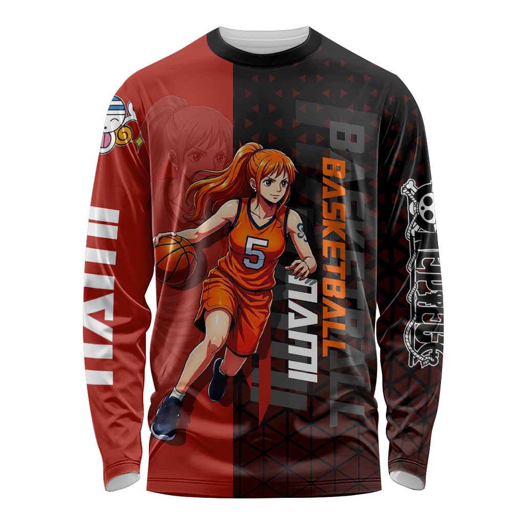 Nami One Piece Basketball Theme Red and Black Design Long Sleeve Shirt with Action Pose and Straw Hat Logo - The Mazicc