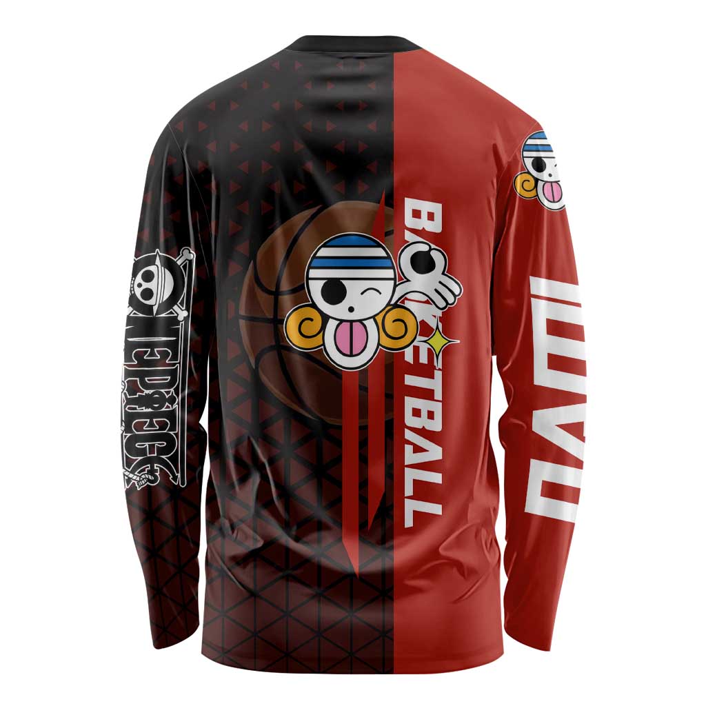 Nami One Piece Basketball Theme Red and Black Design Long Sleeve Shirt with Action Pose and Straw Hat Logo - The Mazicc
