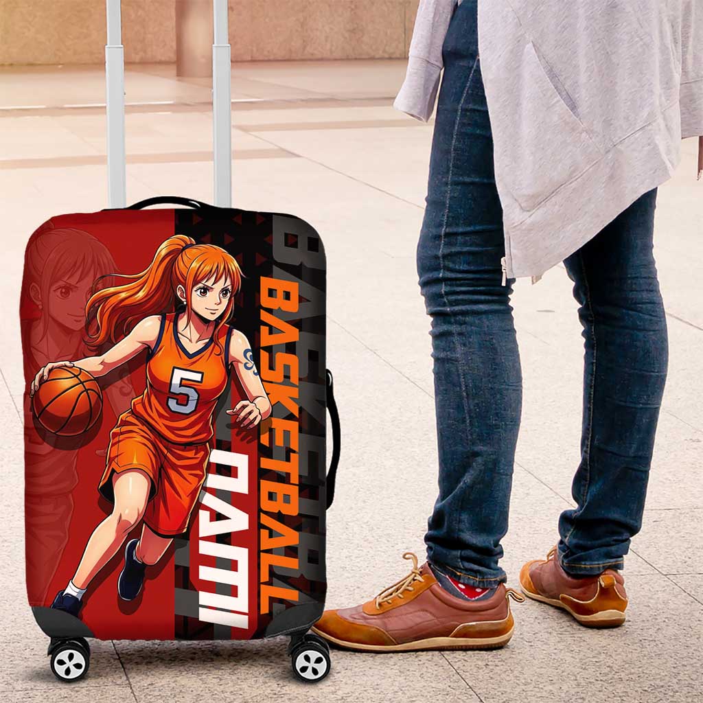 Nami One Piece Basketball Theme Red and Black Design Luggage Cover with Action Pose and Straw Hat Logo - The Mazicc