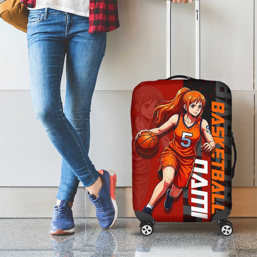 Nami One Piece Basketball Theme Red and Black Design Luggage Cover with Action Pose and Straw Hat Logo - The Mazicc