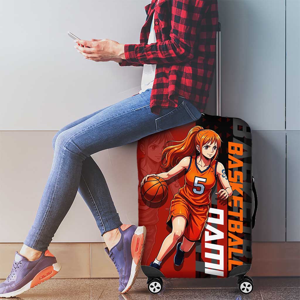 Nami One Piece Basketball Theme Red and Black Design Luggage Cover with Action Pose and Straw Hat Logo - The Mazicc