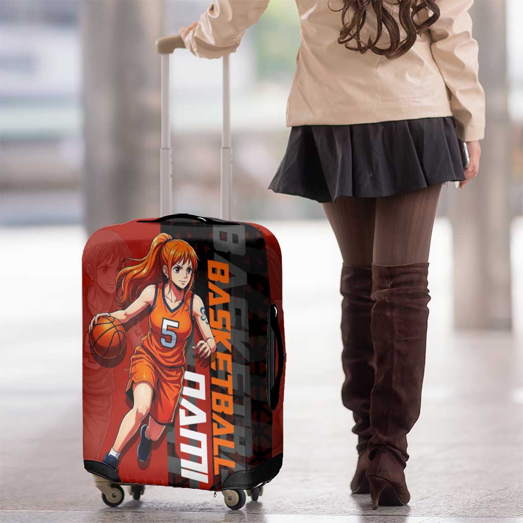Nami One Piece Basketball Theme Red and Black Design Luggage Cover with Action Pose and Straw Hat Logo - The Mazicc