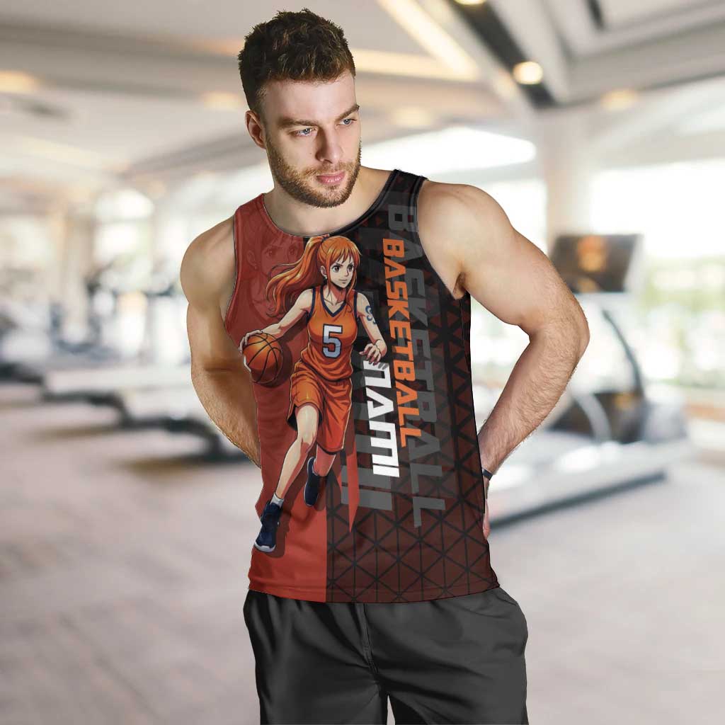 Nami One Piece Basketball Theme Red and Black Design Men Tank Top with Action Pose and Straw Hat Logo - The Mazicc