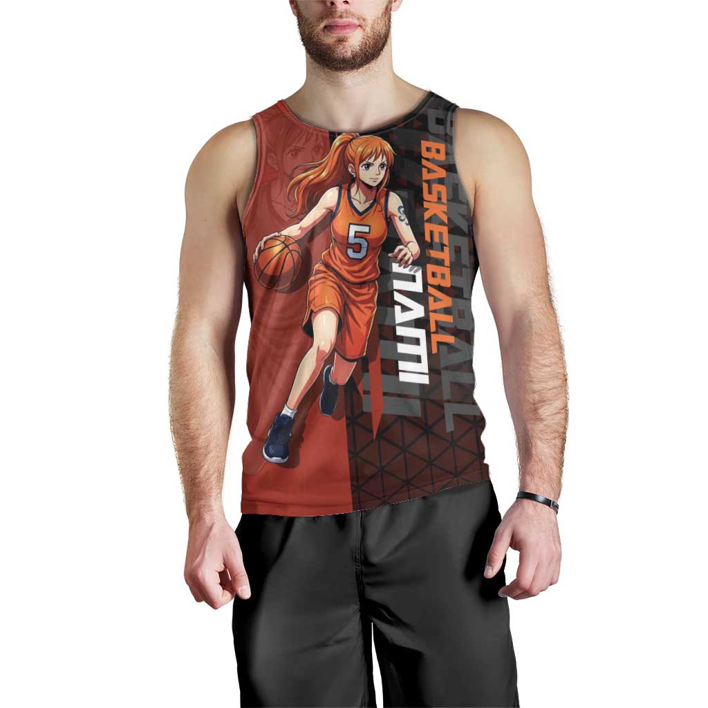 Nami One Piece Basketball Theme Red and Black Design Men Tank Top with Action Pose and Straw Hat Logo - The Mazicc