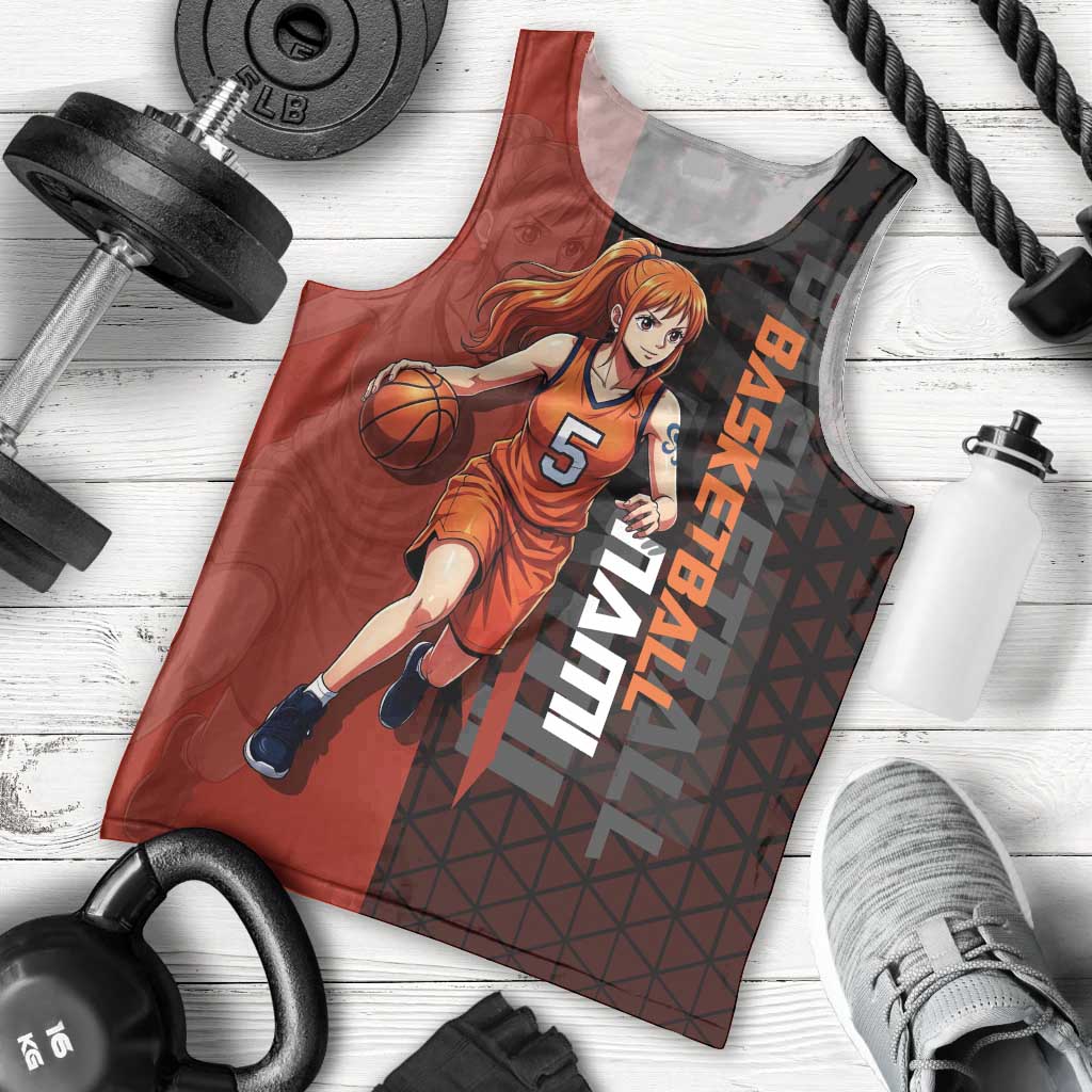 Nami One Piece Basketball Theme Red and Black Design Men Tank Top with Action Pose and Straw Hat Logo - The Mazicc