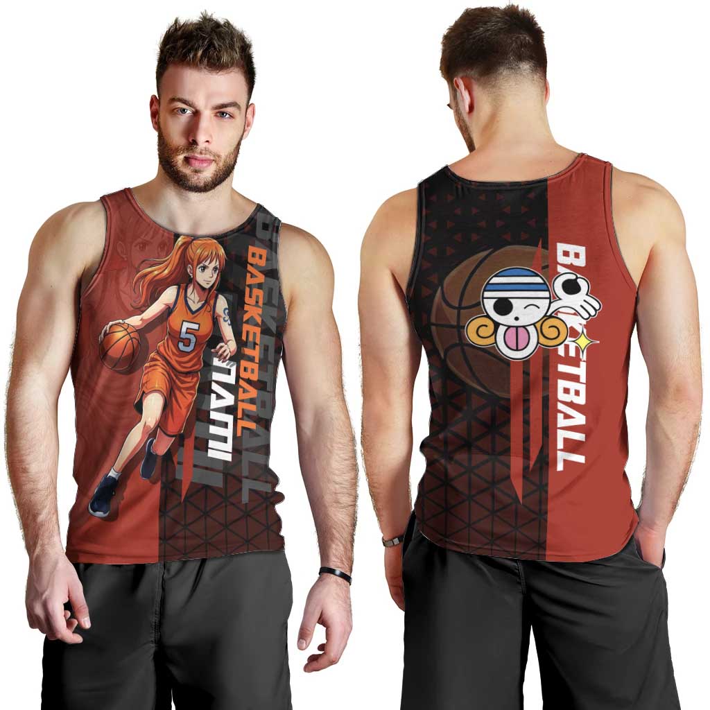 Nami One Piece Basketball Theme Red and Black Design Men Tank Top with Action Pose and Straw Hat Logo - The Mazicc