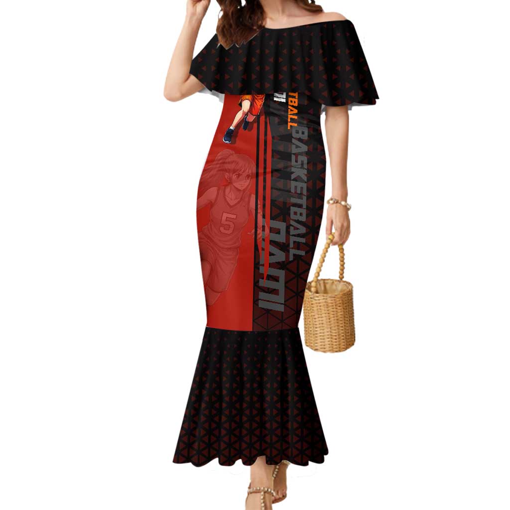 Nami One Piece Basketball Theme Red and Black Design Mermaid Dress with Action Pose and Straw Hat Logo - The Mazicc