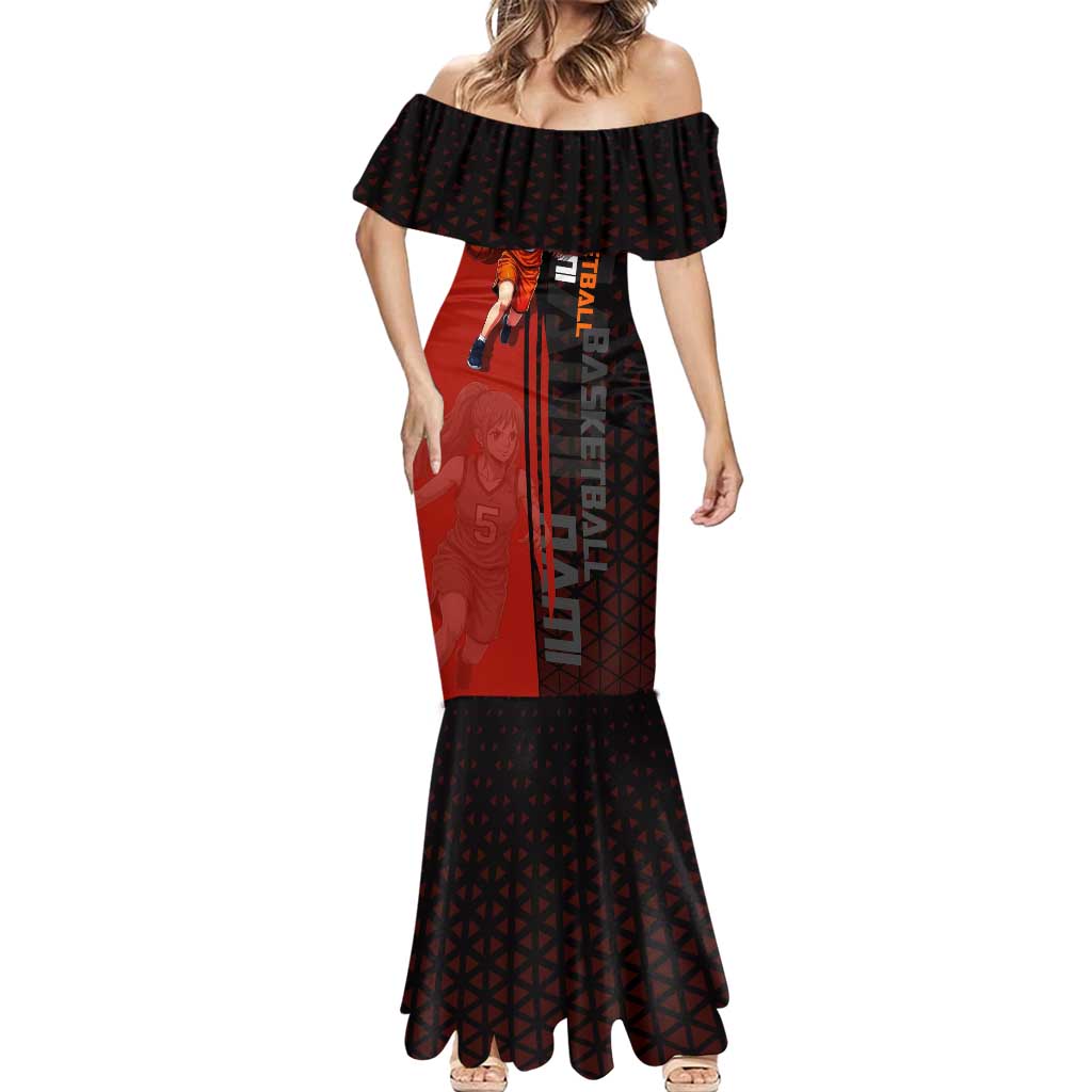 Nami One Piece Basketball Theme Red and Black Design Mermaid Dress with Action Pose and Straw Hat Logo - The Mazicc