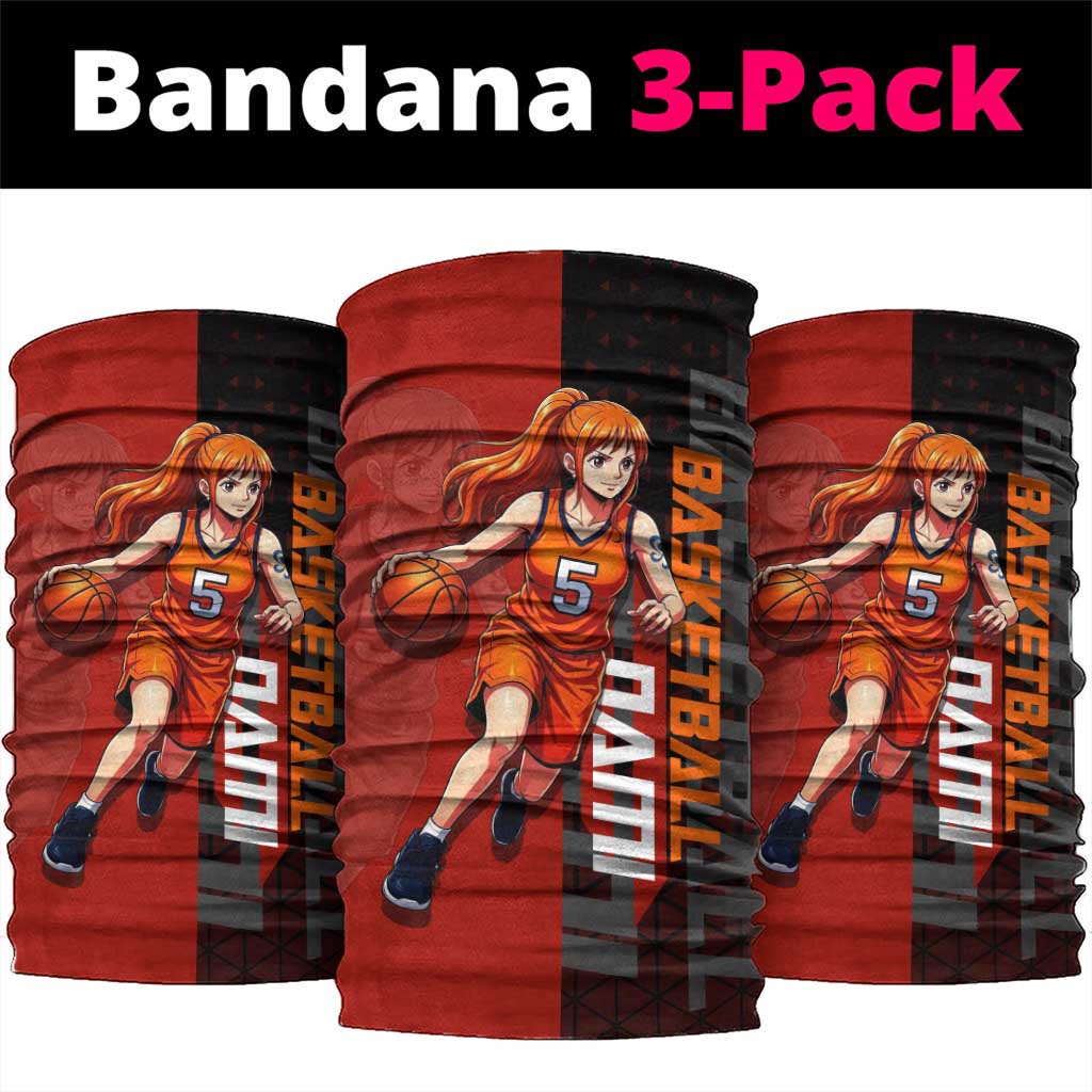 Nami One Piece Basketball Theme Red and Black Design Neck Gaiter with Action Pose and Straw Hat Logo - The Mazicc