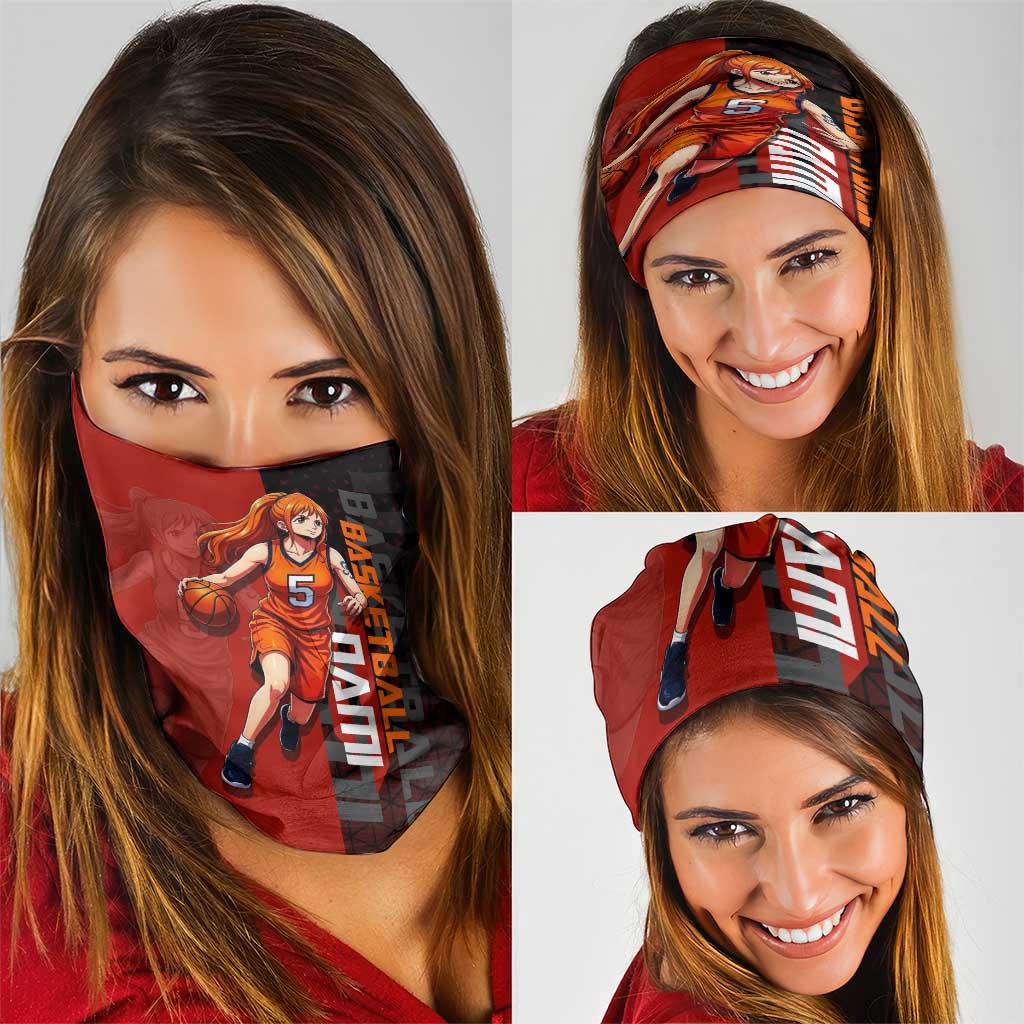 Nami One Piece Basketball Theme Red and Black Design Neck Gaiter with Action Pose and Straw Hat Logo - The Mazicc