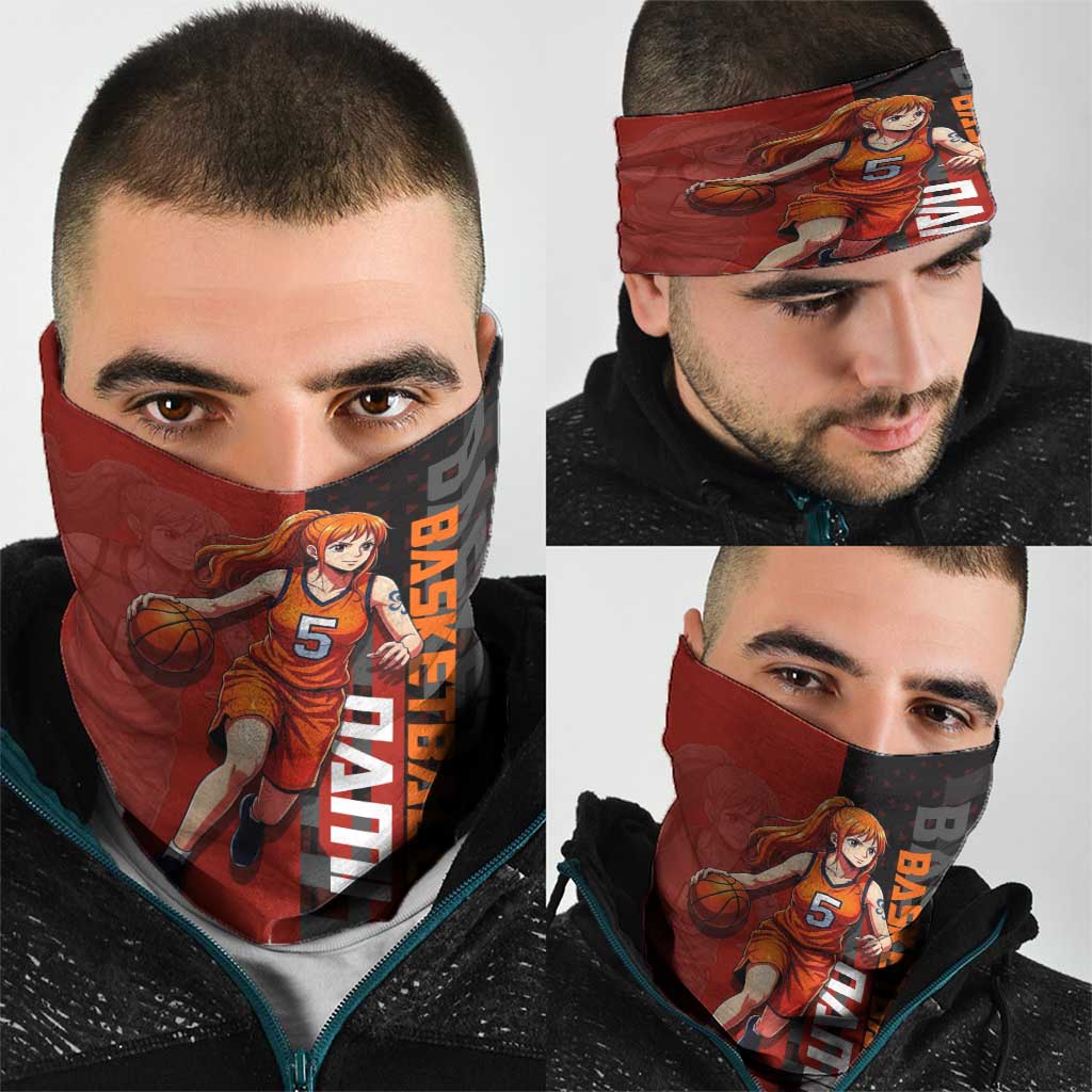 Nami One Piece Basketball Theme Red and Black Design Neck Gaiter with Action Pose and Straw Hat Logo - The Mazicc