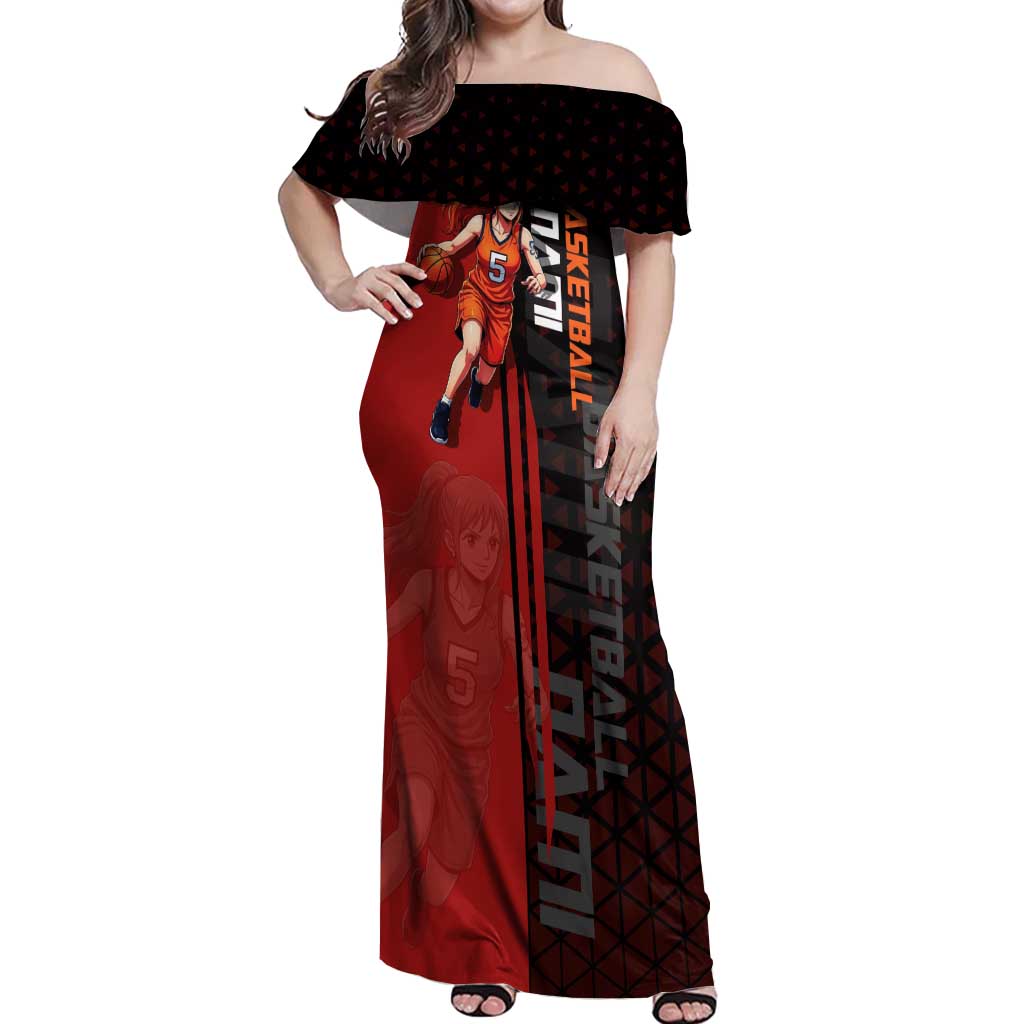 Nami One Piece Basketball Theme Red and Black Design Off Shoulder Maxi Dress with Action Pose and Straw Hat Logo - The Mazicc