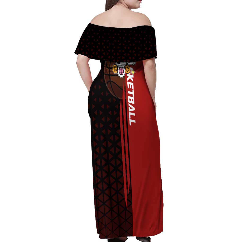 Nami One Piece Basketball Theme Red and Black Design Off Shoulder Maxi Dress with Action Pose and Straw Hat Logo - The Mazicc