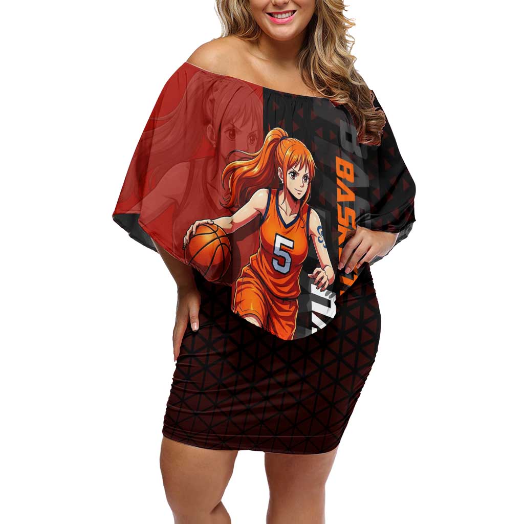Nami One Piece Basketball Theme Red and Black Design Off Shoulder Short Dress with Action Pose and Straw Hat Logo - The Mazicc