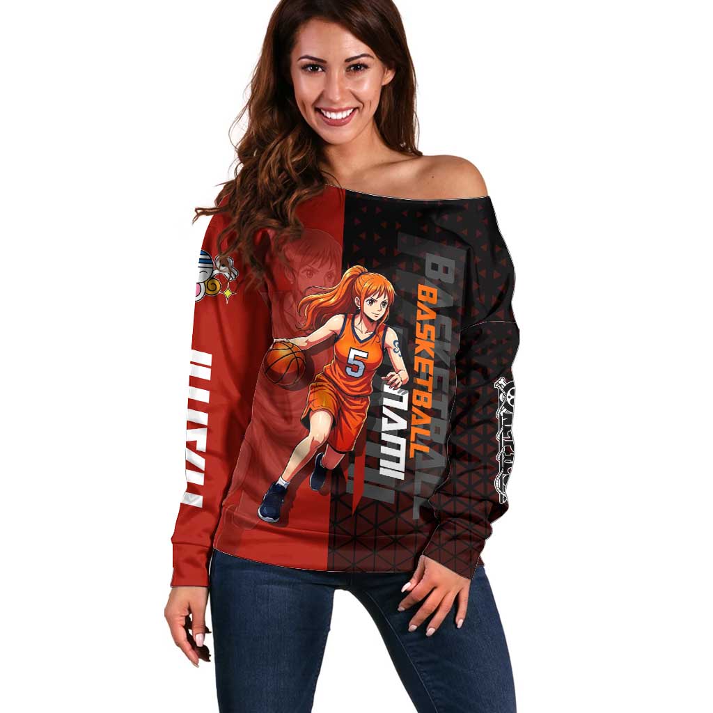 Nami One Piece Basketball Theme Red and Black Design Off Shoulder Sweater with Action Pose and Straw Hat Logo - The Mazicc