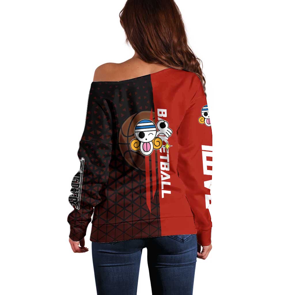 Nami One Piece Basketball Theme Red and Black Design Off Shoulder Sweater with Action Pose and Straw Hat Logo - The Mazicc
