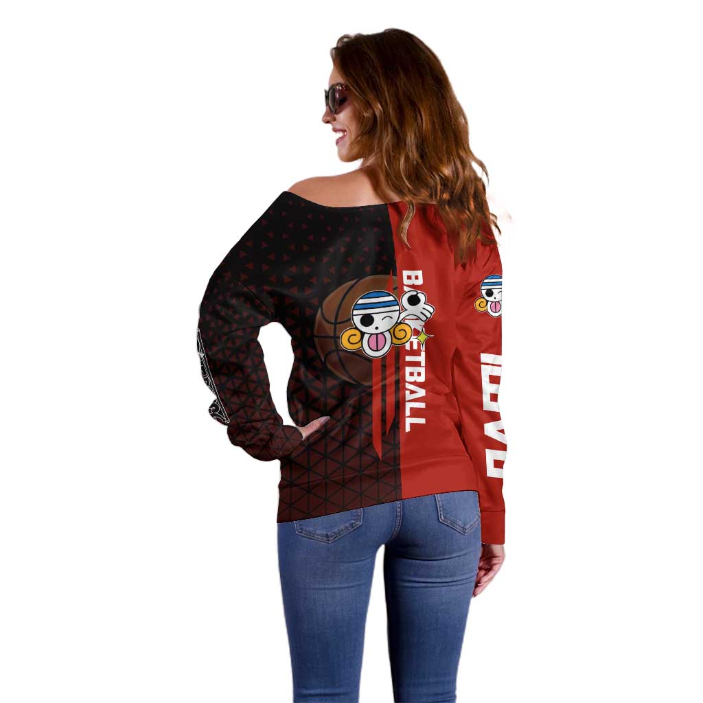Nami One Piece Basketball Theme Red and Black Design Off Shoulder Sweater with Action Pose and Straw Hat Logo - The Mazicc