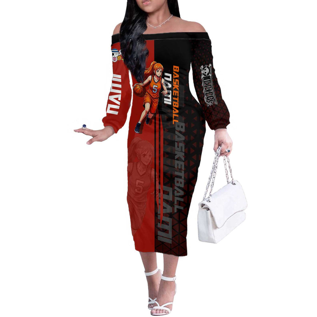 Nami One Piece Basketball Theme Red and Black Design Off The Shoulder Long Sleeve Dress with Action Pose and Straw Hat Logo - The Mazicc