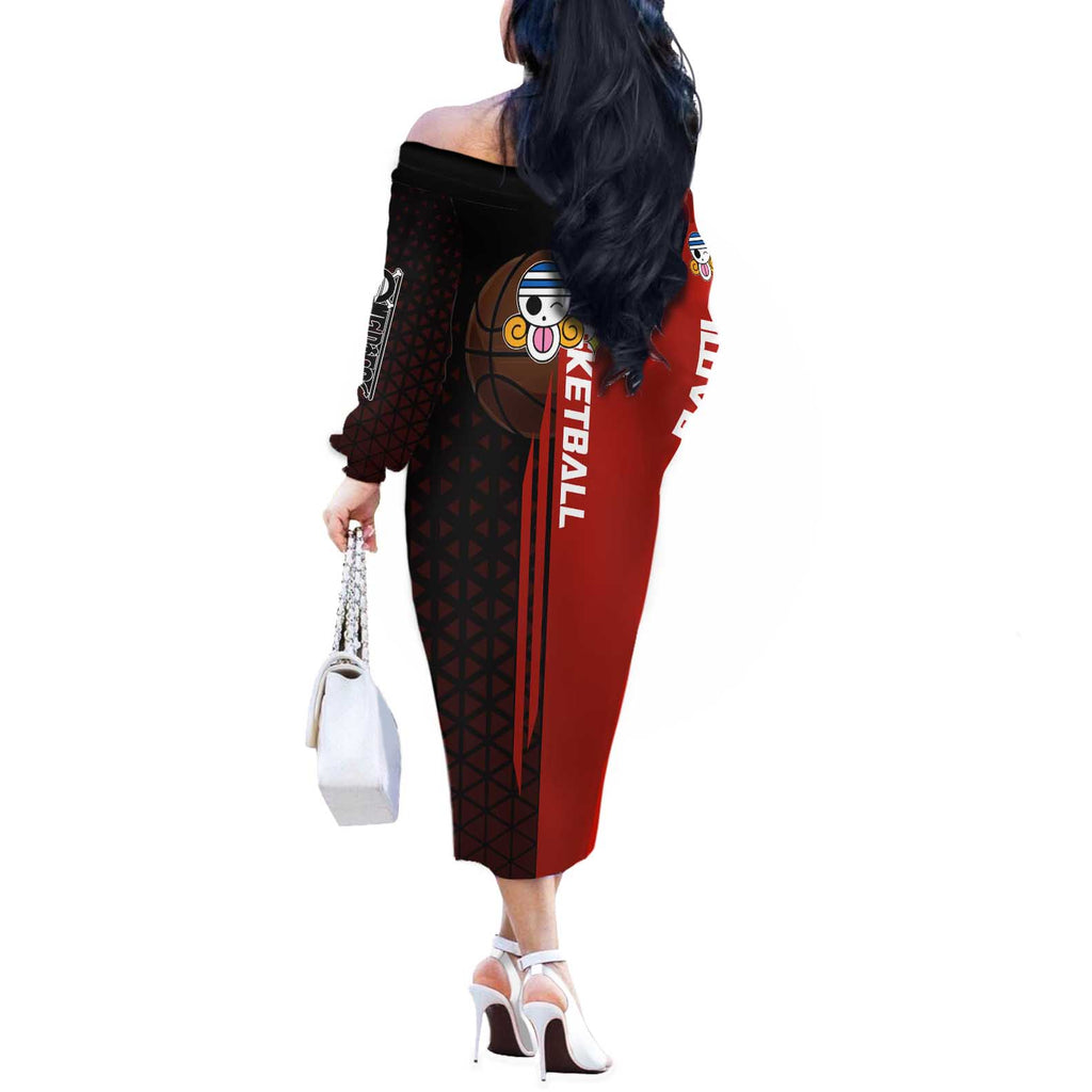 Nami One Piece Basketball Theme Red and Black Design Off The Shoulder Long Sleeve Dress with Action Pose and Straw Hat Logo - The Mazicc