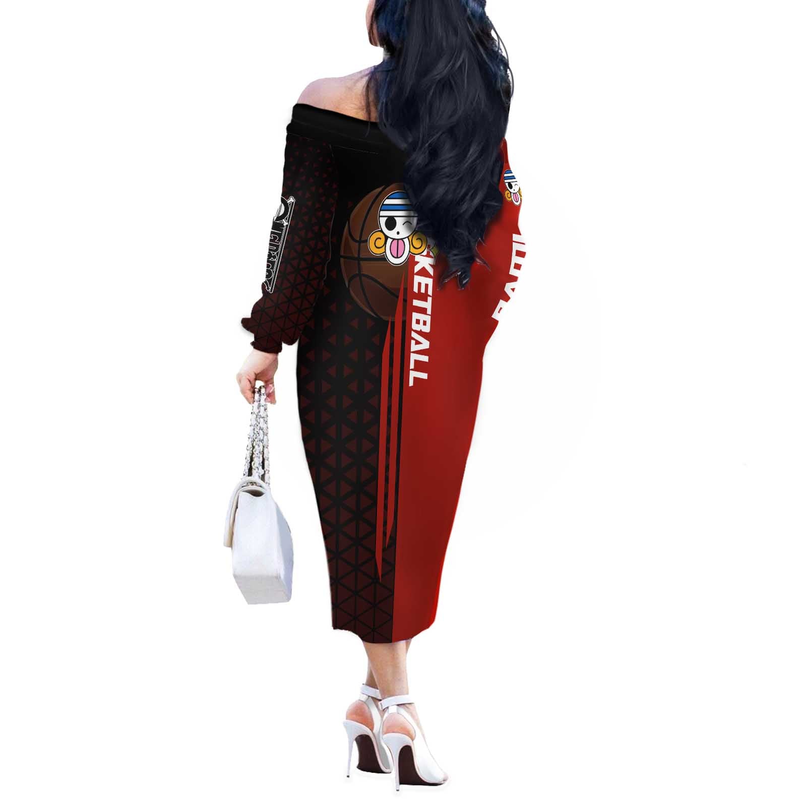 Nami One Piece Basketball Theme Red and Black Design Off The Shoulder Long Sleeve Dress with Action Pose and Straw Hat Logo - The Mazicc