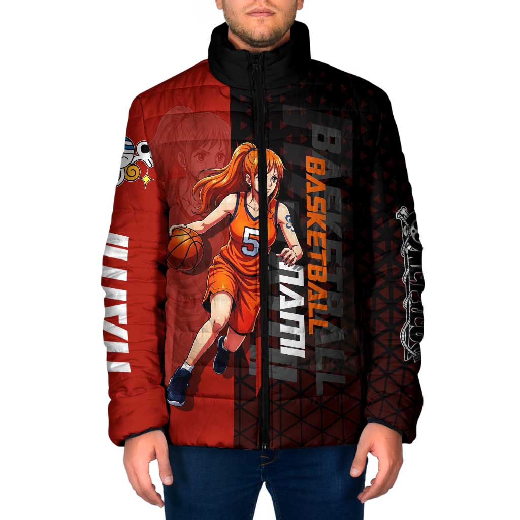 Nami One Piece Basketball Theme Red and Black Design Padded Jacket with Action Pose and Straw Hat Logo - The Mazicc